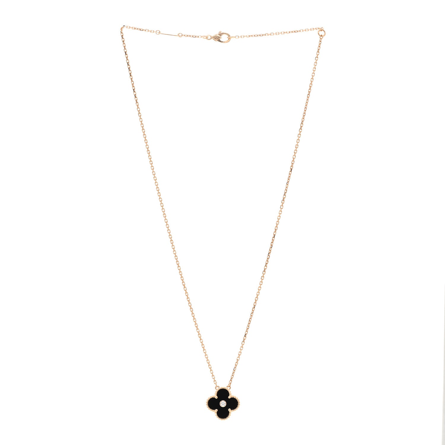 Van Cleef & Arpels 18K Rose Gold Diamond Black Onyx Vintage Alhambra Pendant Necklace 3 of 5