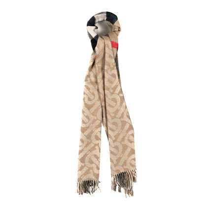 Burberry Cashmere Half Mega Check Monogram TB Reversible Fringe Scarf Archive Beige Gold 1 of 4
