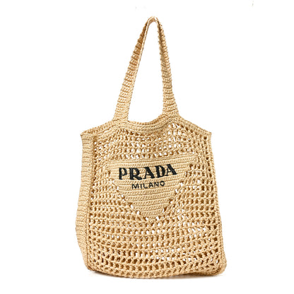 Prada Yarn Raffia Effect Crochet Logo Embroidered Tote Bag Naturale 1 of 9