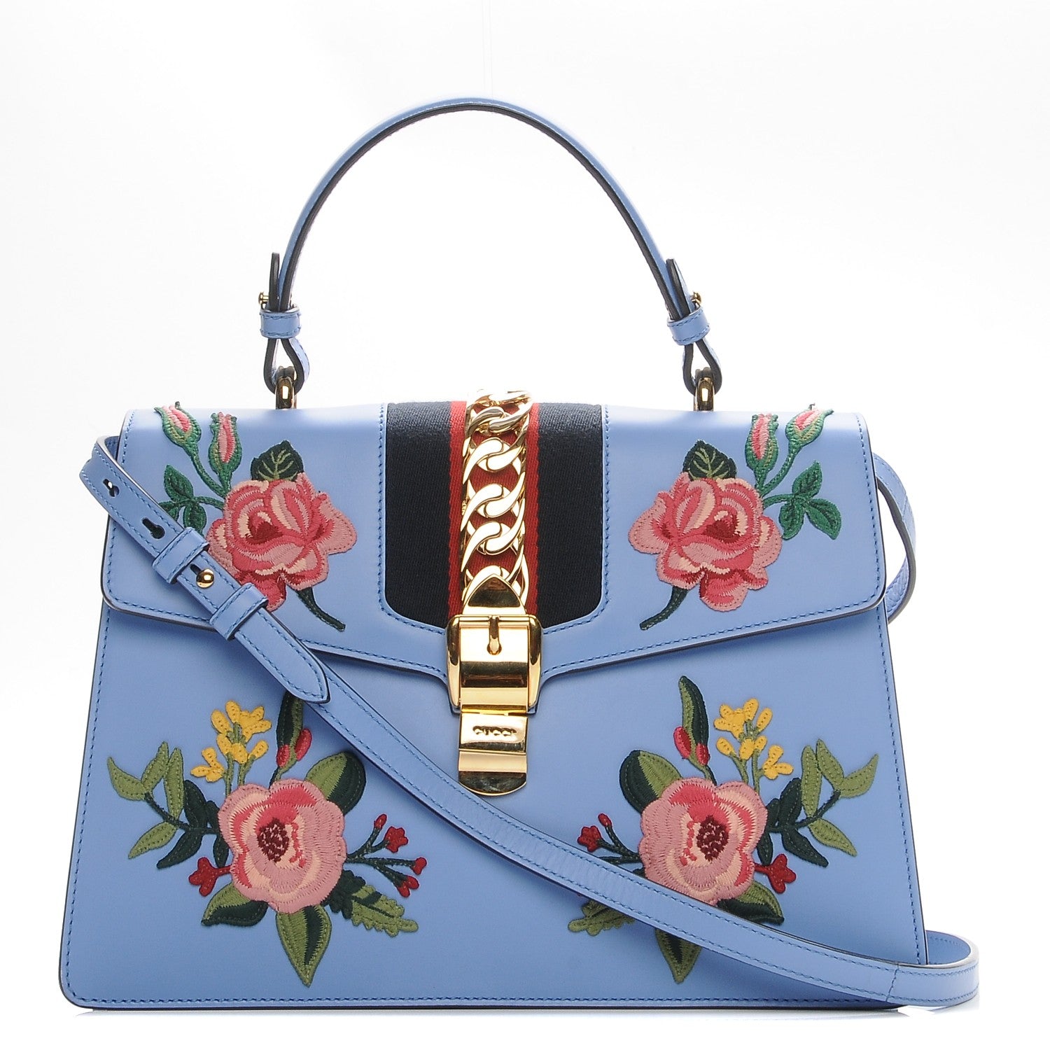 Gucci Calfskin Embroidered Medium Sylvie Top Handle Bag Clear Sky Blue 1 of 9