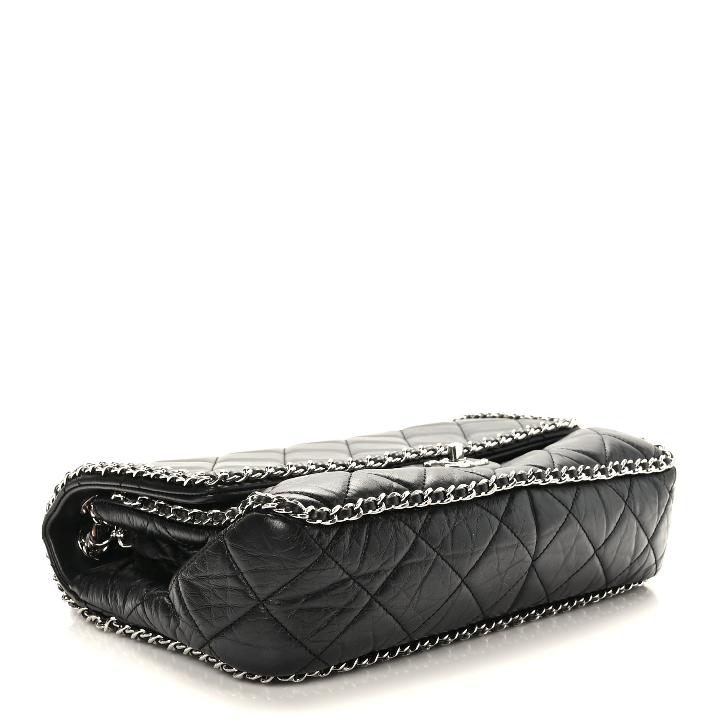Crumpled Calfskin Quilted Large Chain All Over Flap Bag Black
