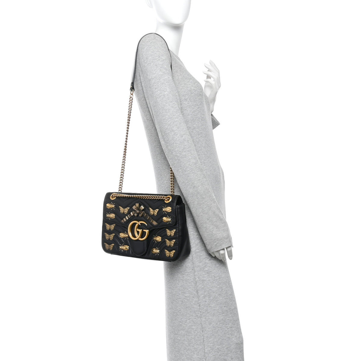 Calfskin Matelasse Animal Studs Medium GG Marmont Shoulder Bag Black