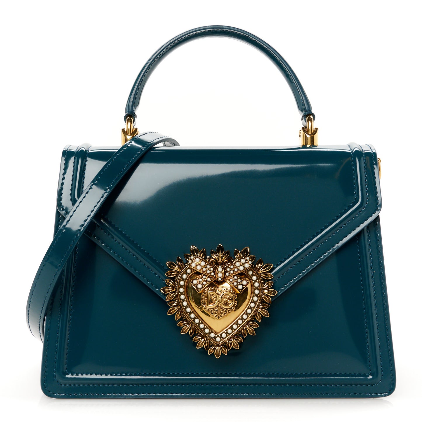 Patent Medium Devotion Envelope Top Handle Bag Emerald
