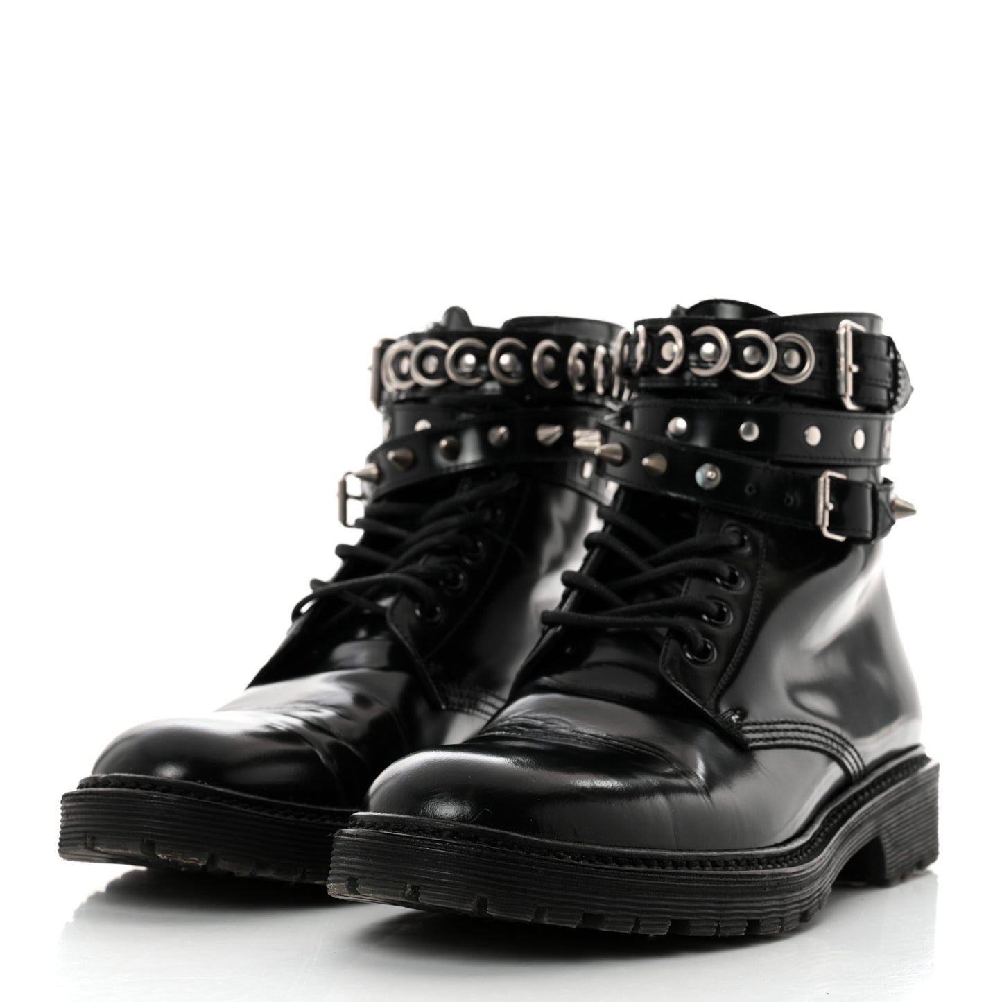 Smooth Calfskin Studded Womens Lace-Up Combat Boots 38 Black