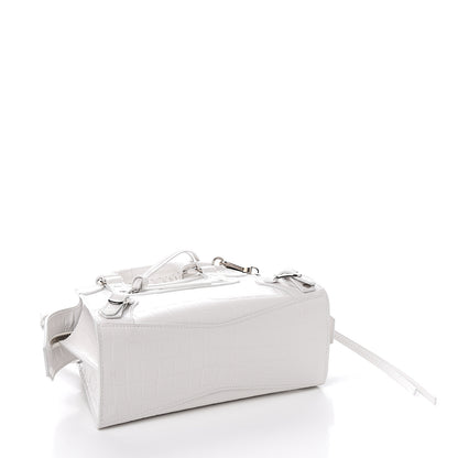 Balenciaga Semi Shiny Calfskin Crocodile Embossed Neo Classic Silver Hardware Mini City White 3 of 8