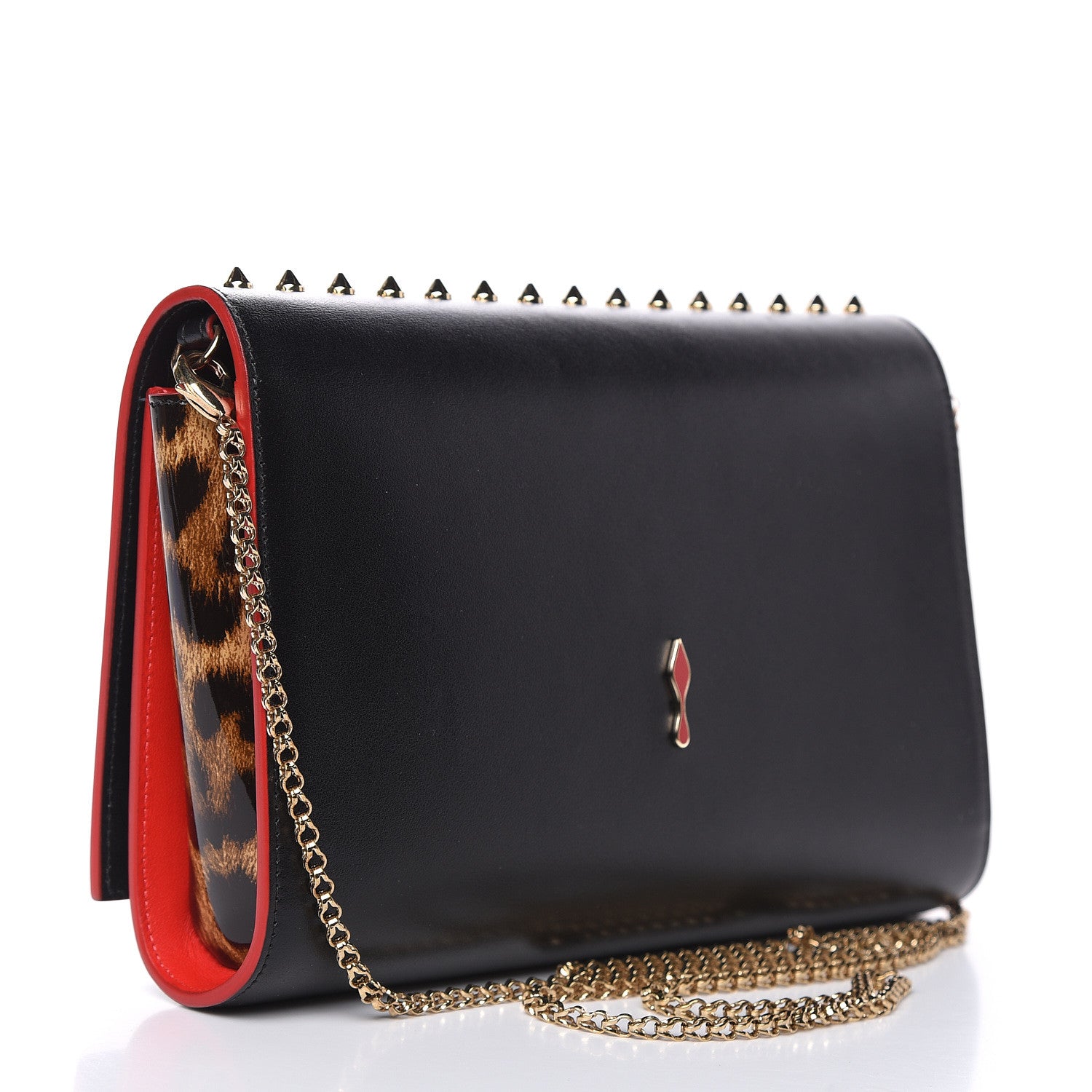 Christian Louboutin Calfskin Patent Leopard Spikes Paloma Clutch Black 3 of 12