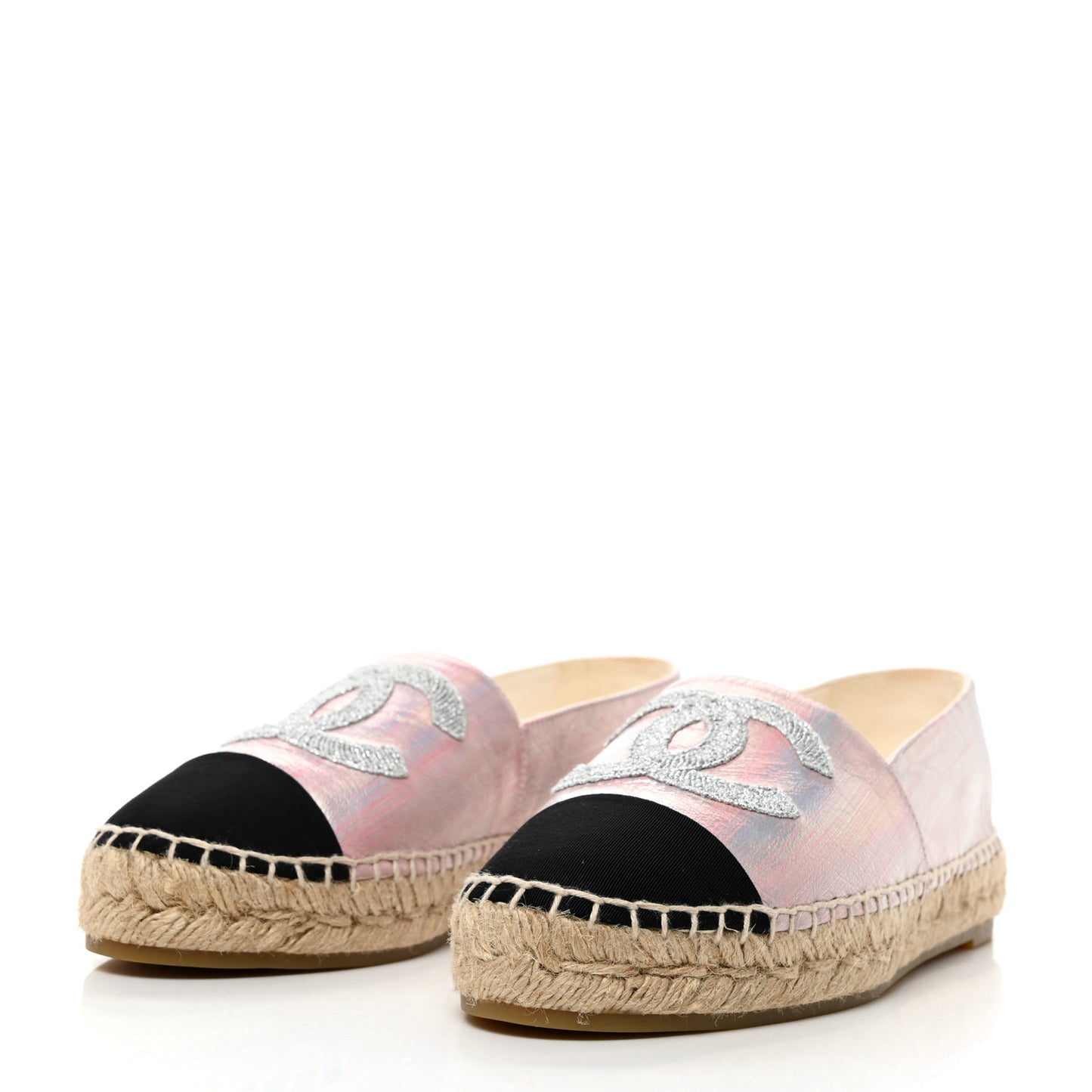 Laminated Lambskin Grosgrain Embroidered CC Espadrilles 39 Pink Silver Black