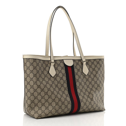 Gucci GG Supreme Monogram Textured Dollar Calfskin Web Medium Ophidia Shopping Tote Beige Ebony Mystic White 3 of 10