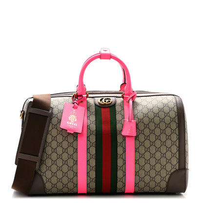 Gucci GG Supreme Monogram Textured Dollar Calfskin Web Medium Savoy Duffle Bag Beige Ebony Fluorescent Fuchsia 1 of 9