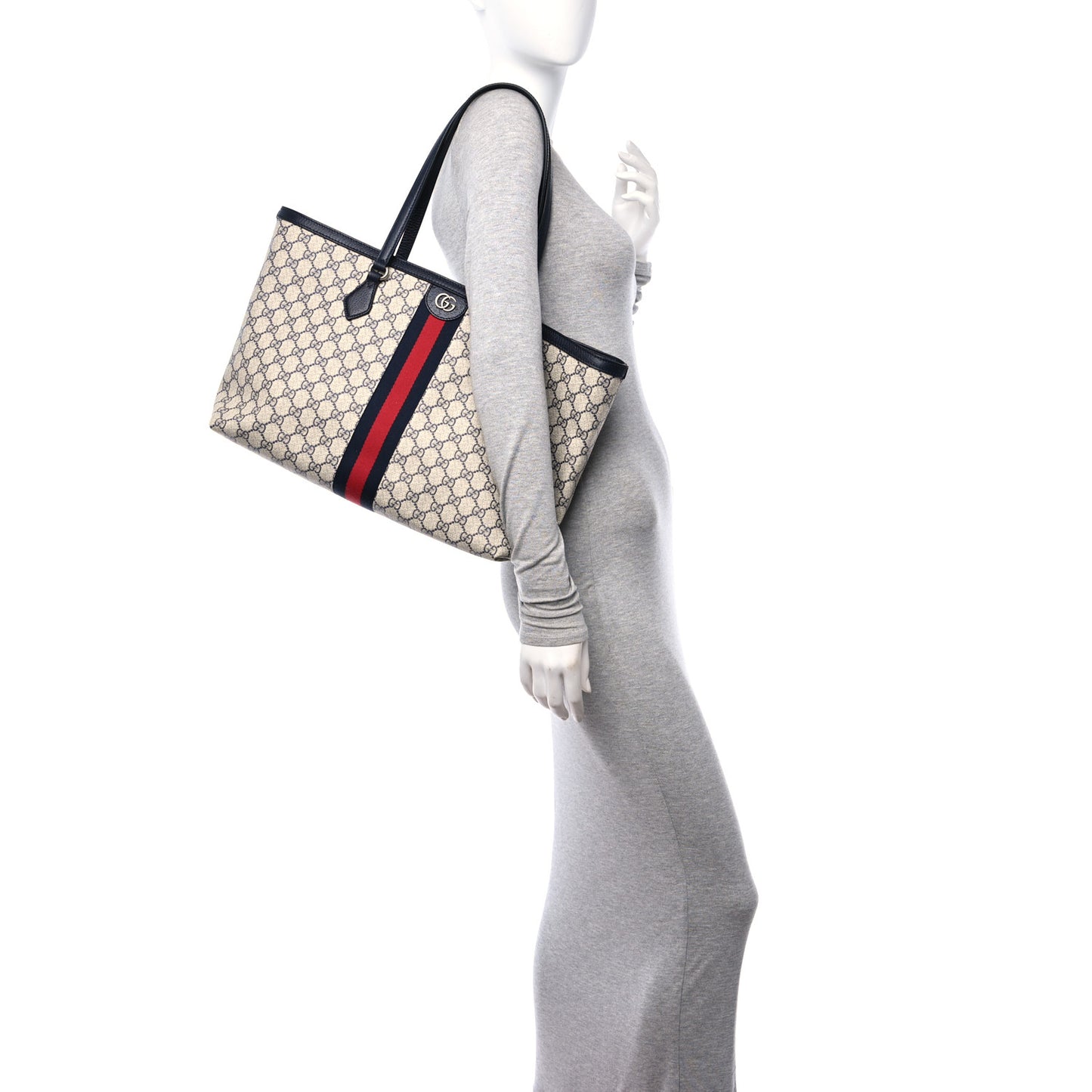 GG Supreme Monogram Textured Calfskin Web Medium Ophidia Shopping Tote Beige Blue