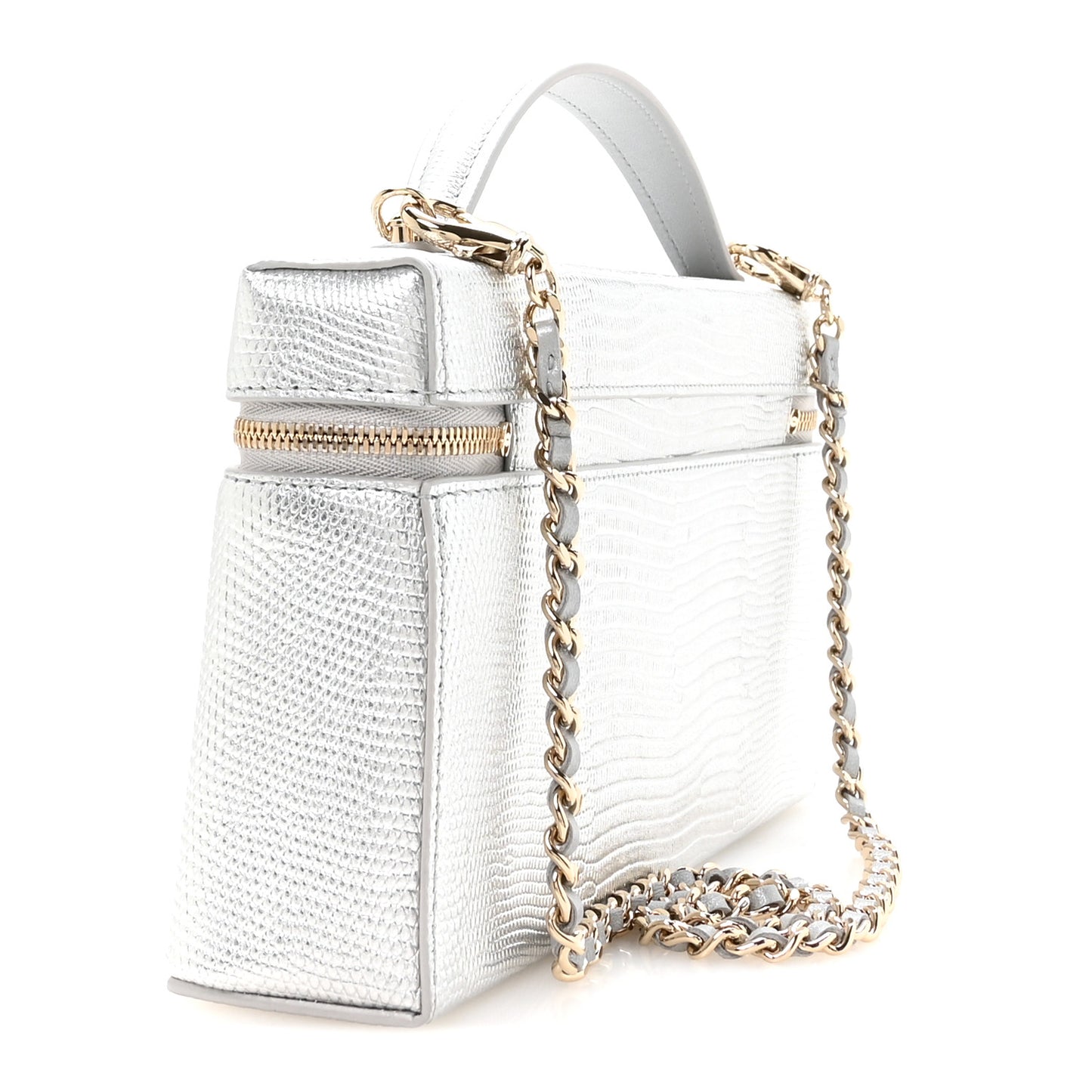 Lizard Embossed Calfskin Top Handle Slim Vanity With Chain Silvery