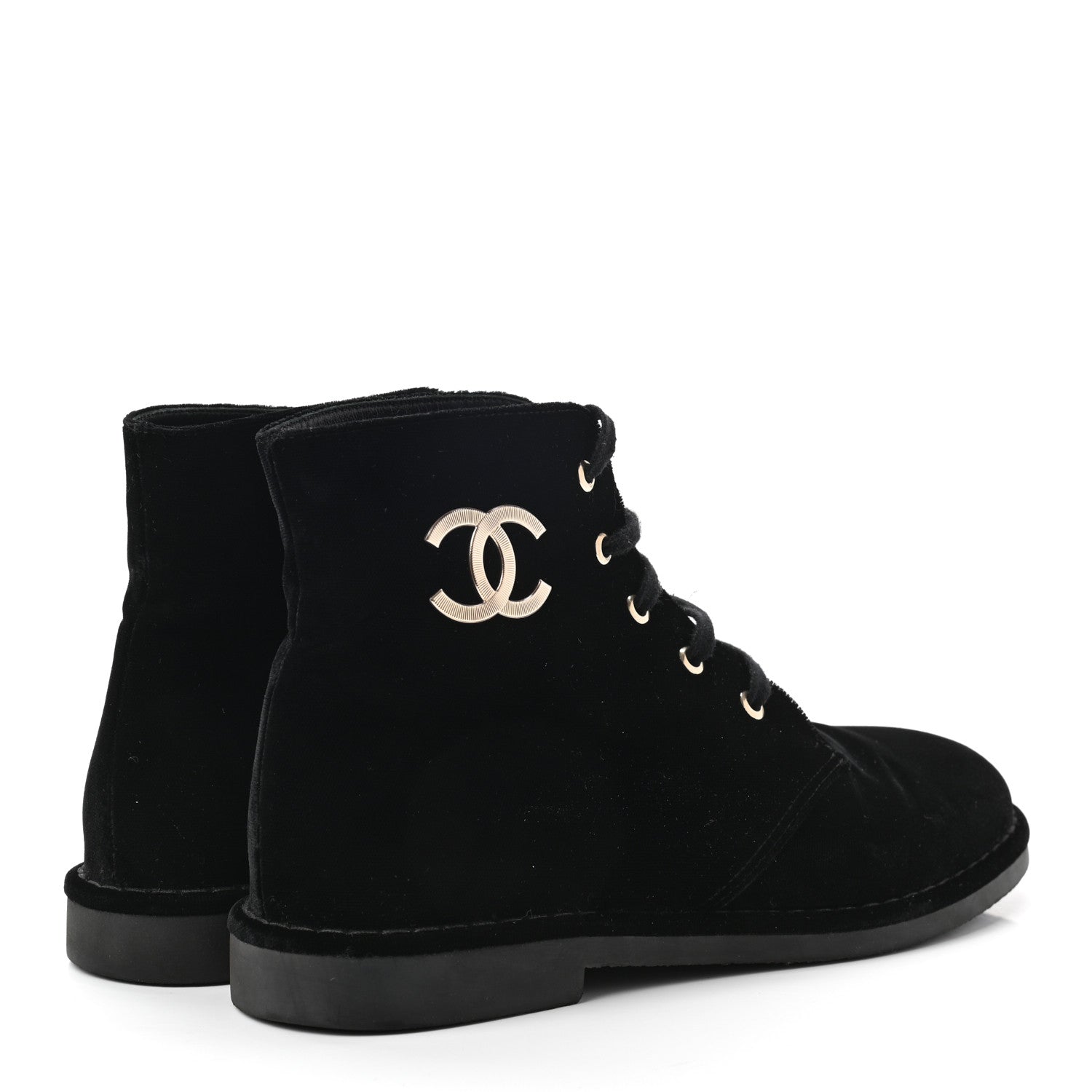 Chanel Velvet CC Lace Up Boots 38.5 Black 4 of 8