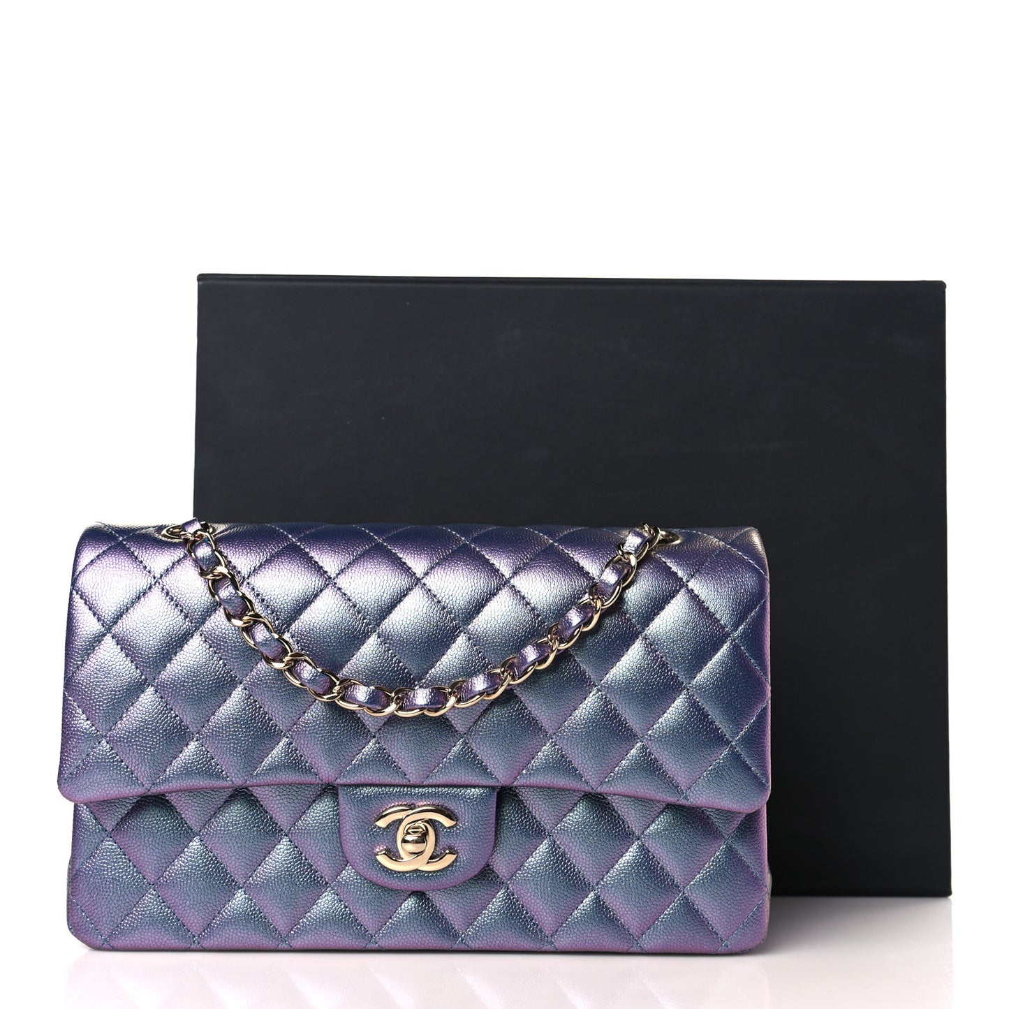 Iridescent Caviar Quilted Medium Double Flap Purple