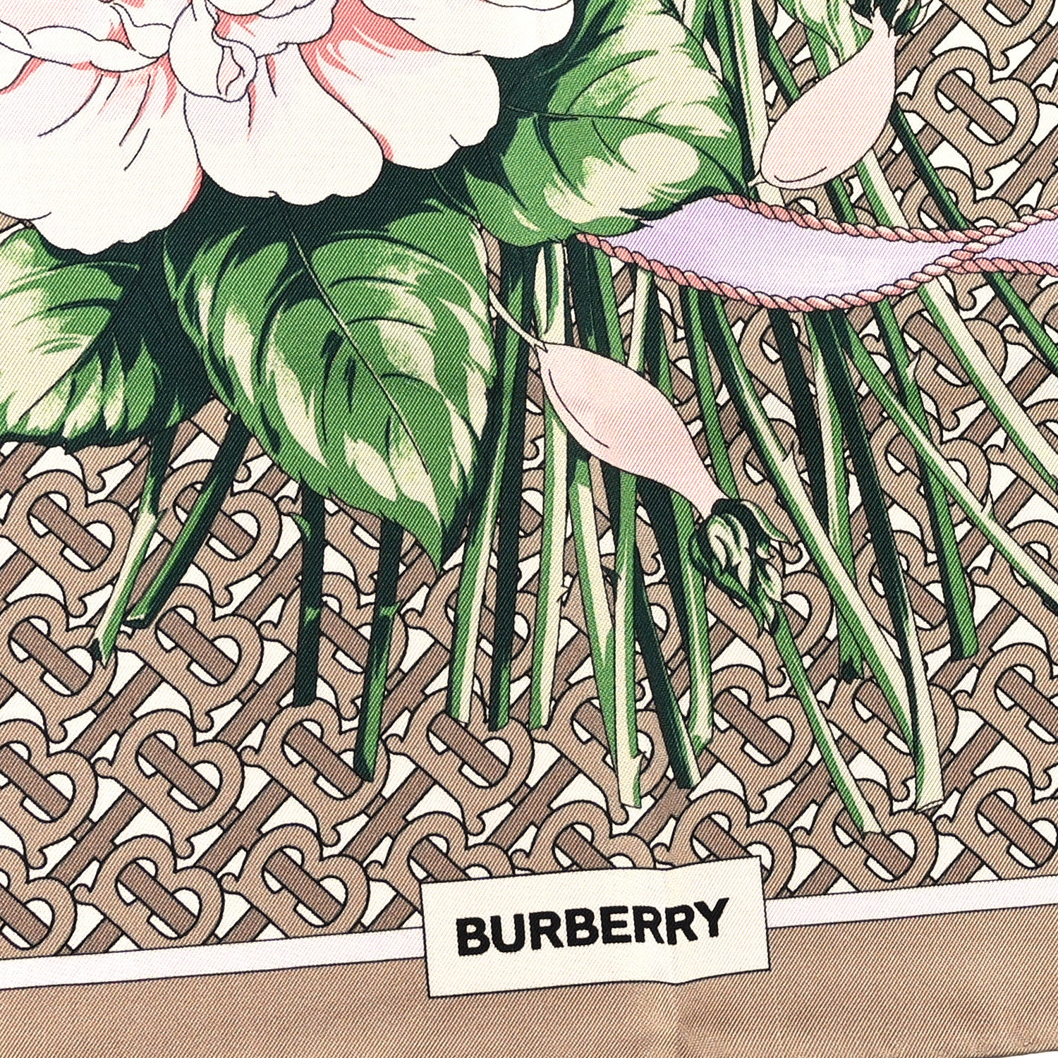 Burberry Silk TB Monogram Floral Print Square Scarf Pink Beige 2 of 4