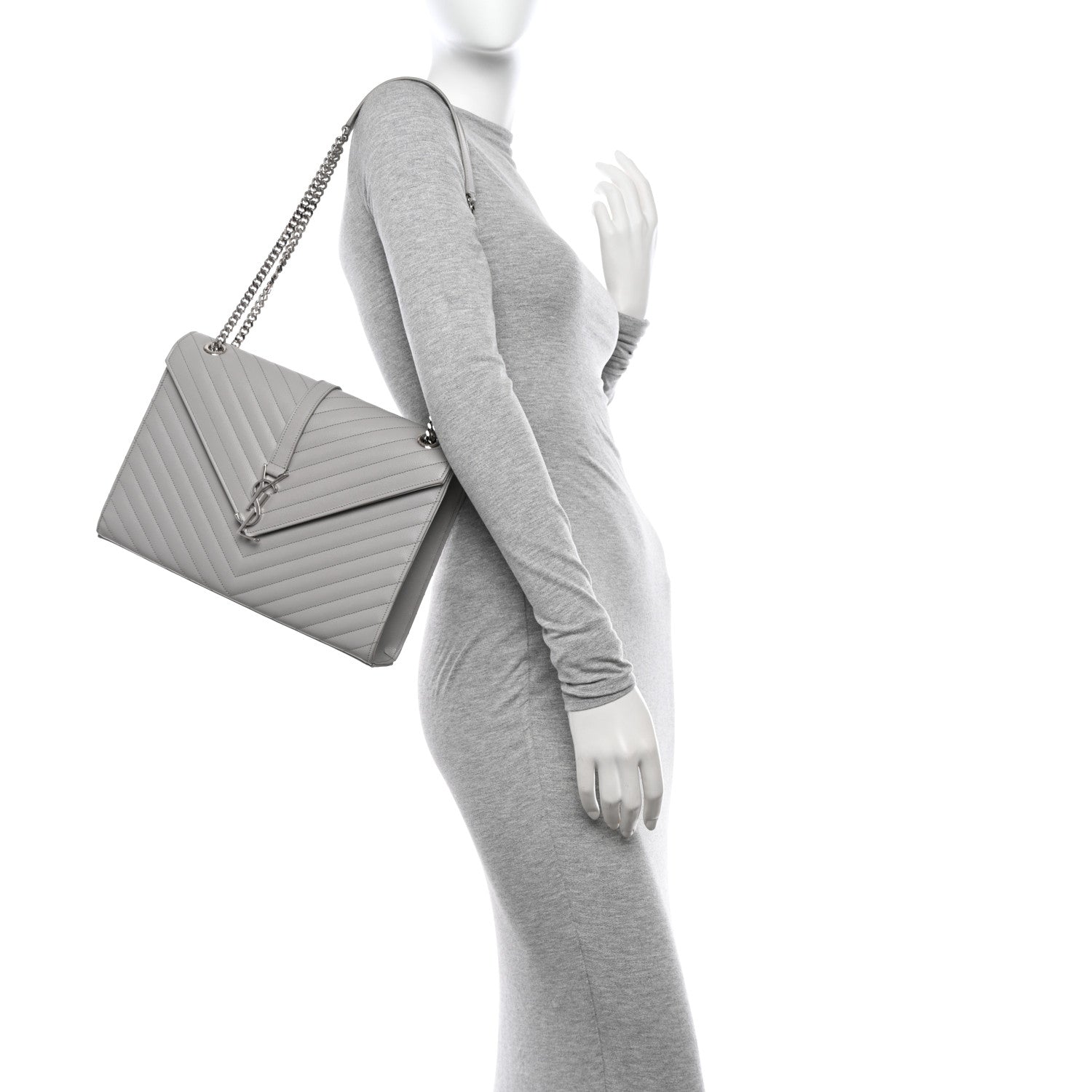 Saint Laurent Grain De Poudre Matelasse Chevron Large Monogram Satchel Light Grey 2 of 13