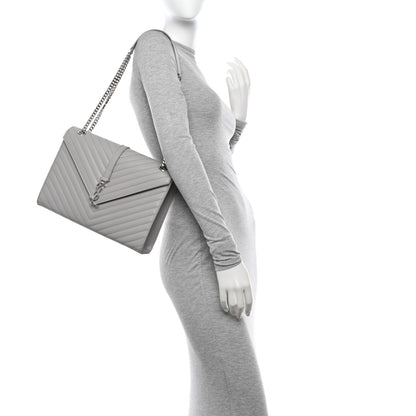 Saint Laurent Grain De Poudre Matelasse Chevron Large Monogram Satchel Light Grey 2 of 13