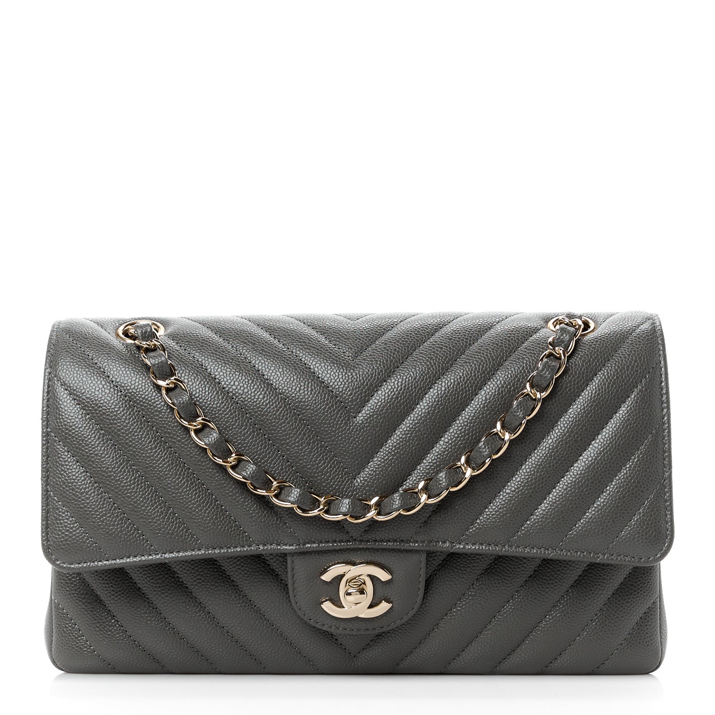 Caviar Chevron Quilted Medium Double Flap Dark Grey