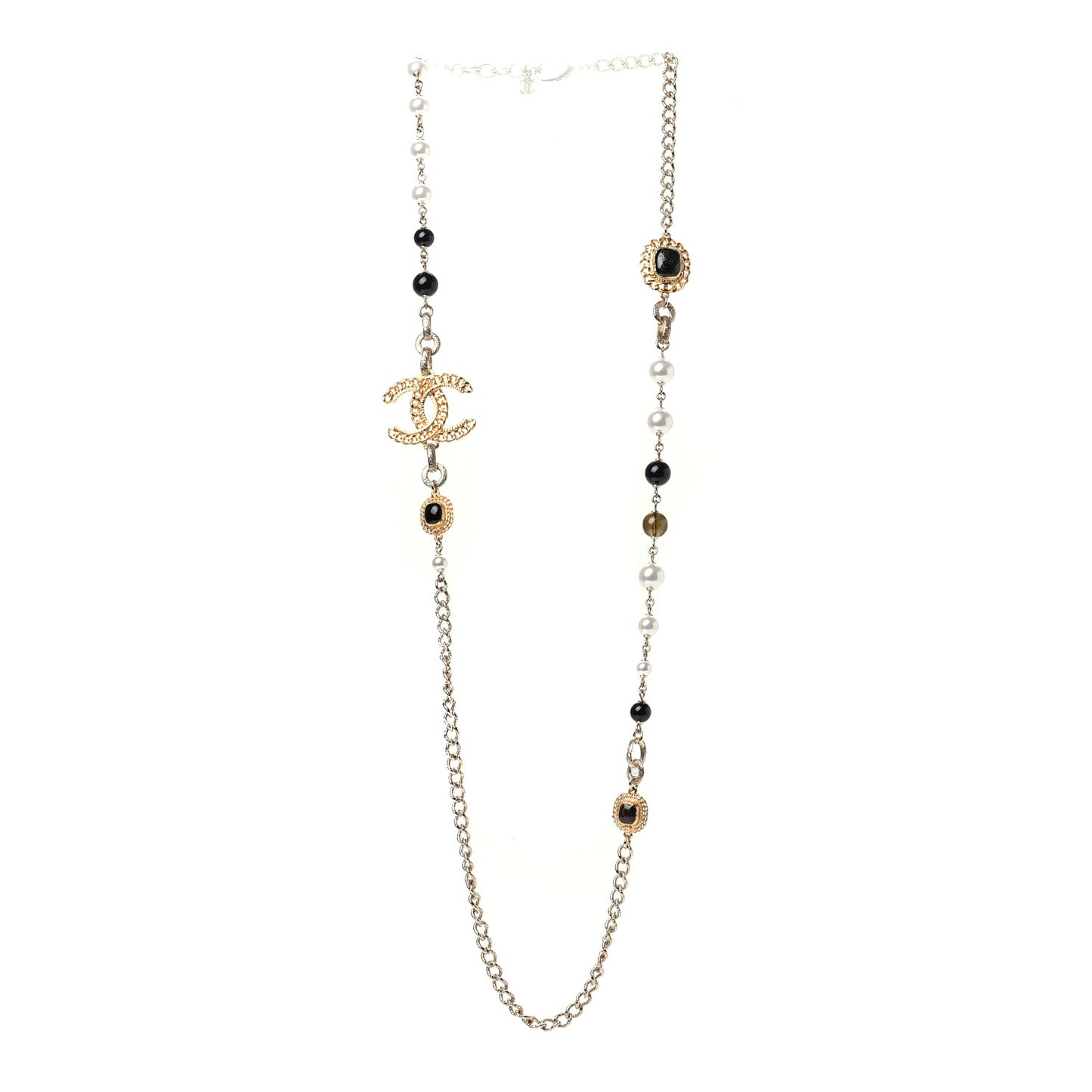 Enamel Pearl Bead CC Long Necklace Black Gold