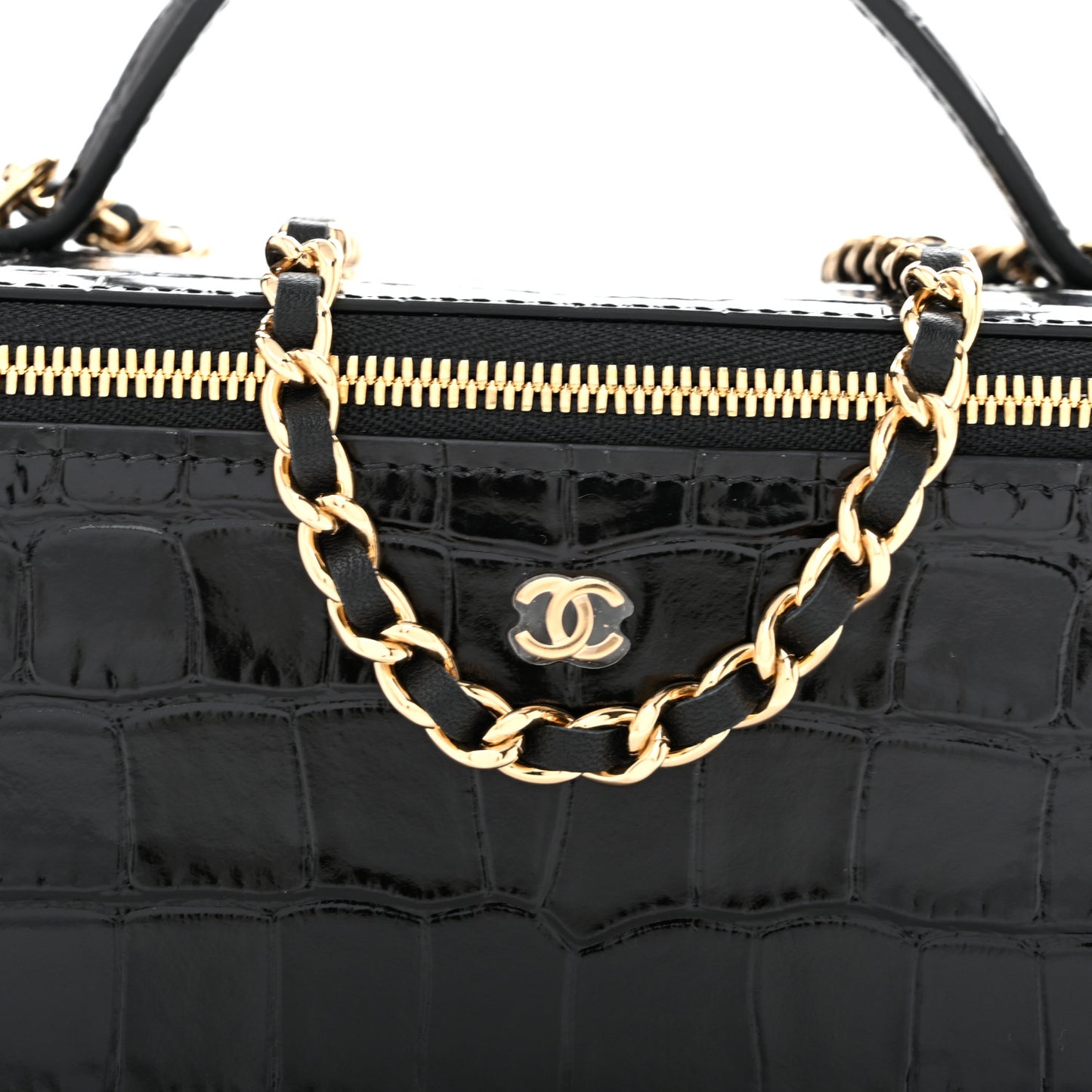 Calfskin Crocodile Embossed Exoticoco Small Top Handle Vanity Case With Chain Black