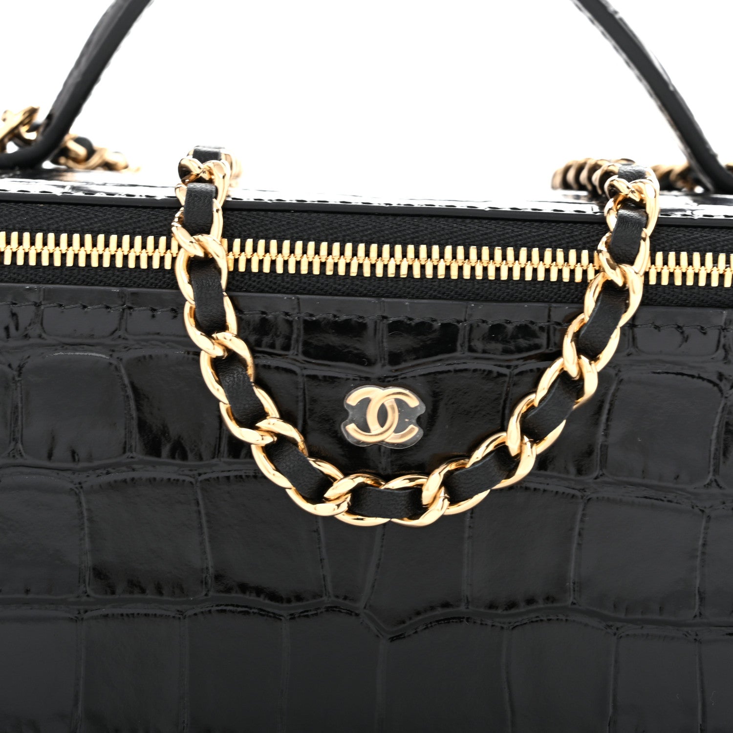 Chanel Calfskin Crocodile Embossed Exoticoco Small Top Handle Vanity Case With Chain Black 7 of 10