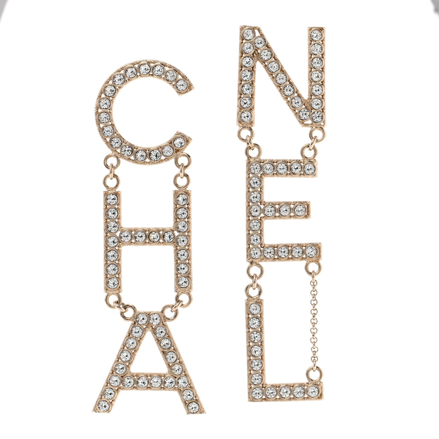 Chanel Crystal Cha-Nel Logo Drop Earrings Gold 1 of 5
