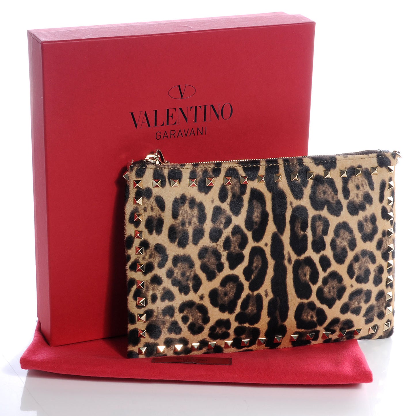 Calf Hair Leopard Print Rockstud Zip Chain Pouch Leopard