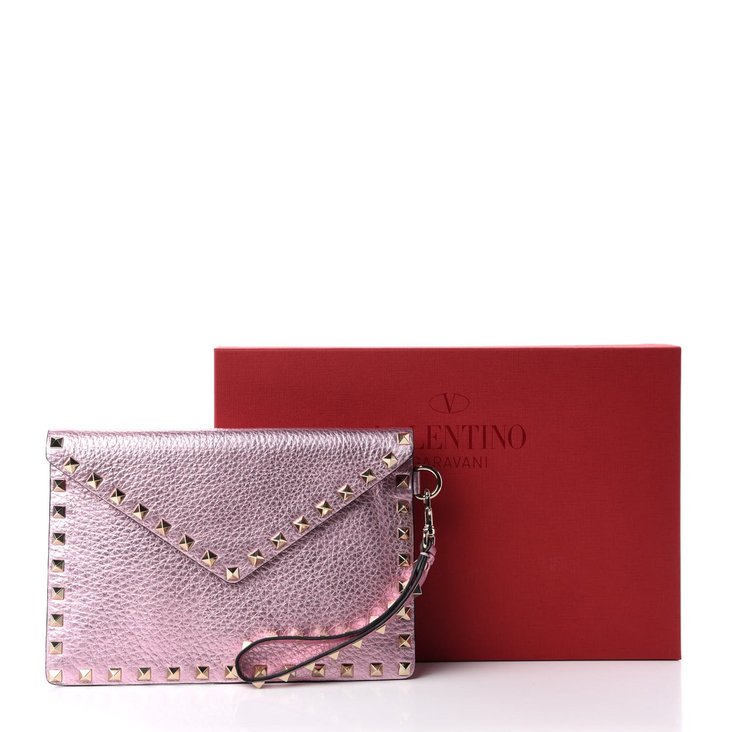 Metallic Pebbled Calfskin Medium Rockstud Envelope Flat Wristlet Pouch Giacinto