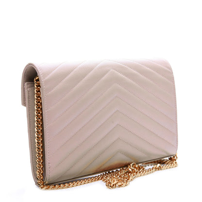 Saint Laurent Grain De Poudre Matelasse Chevron Monogram Chain Wallet Pale Pink 3 of 9
