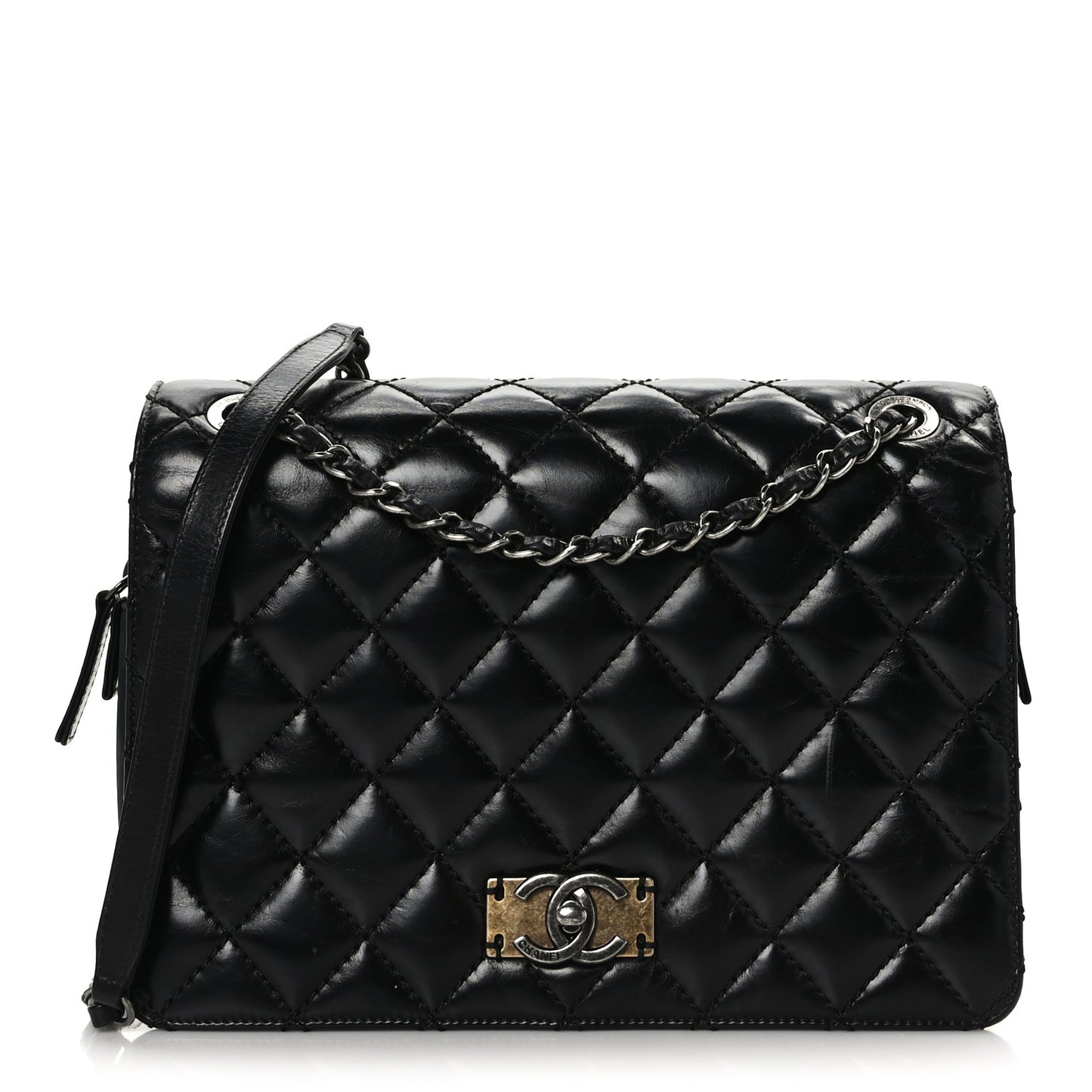 Glazed Calfskin Quilted Medium Day Trip Flap Black