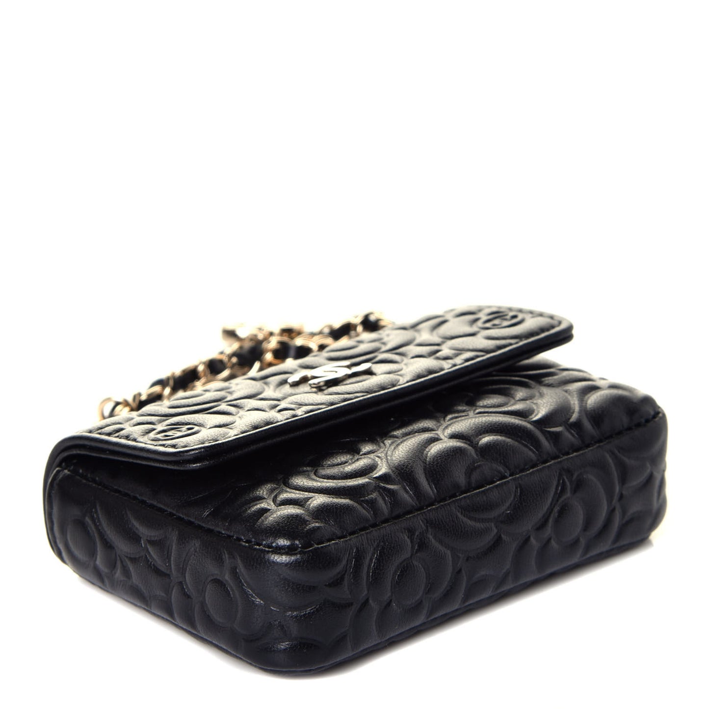 Lambskin Camellia Embossed Chain Belt Bag Black