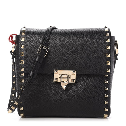 Valentino Garavani Pebbled Calfskin Rockstud Flip Lock Flap Messenger Black 1 of 9