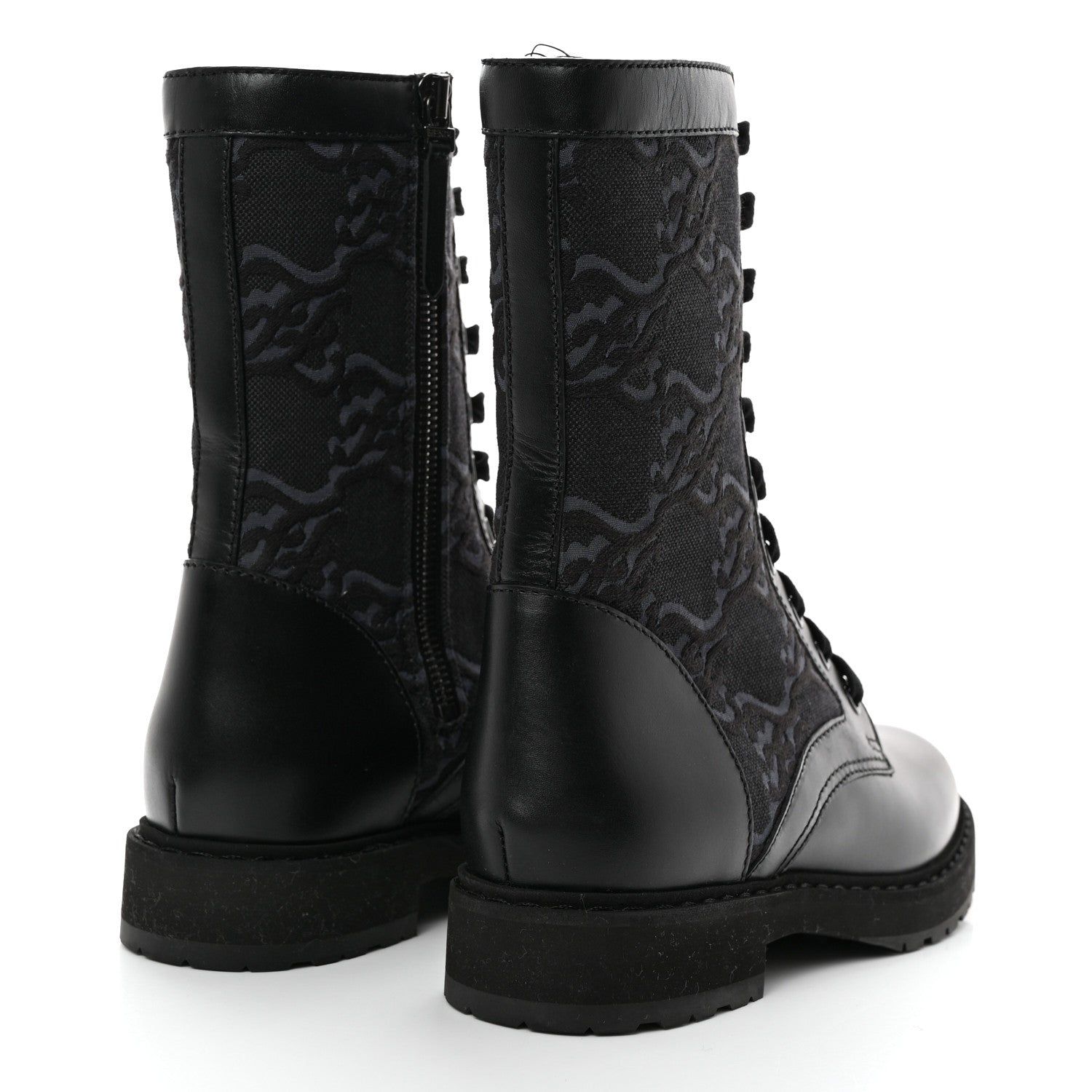 Fendi Vitello Fabric Jacquard Karligraphy Embroidered Womens Combat Boots 37 Black 4 of 9