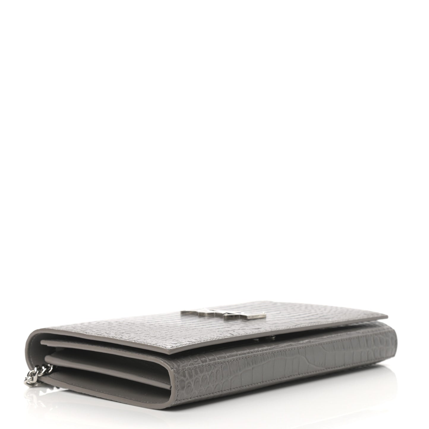 Calfskin Crocodile Embossed Monogram Chain Wallet Fog