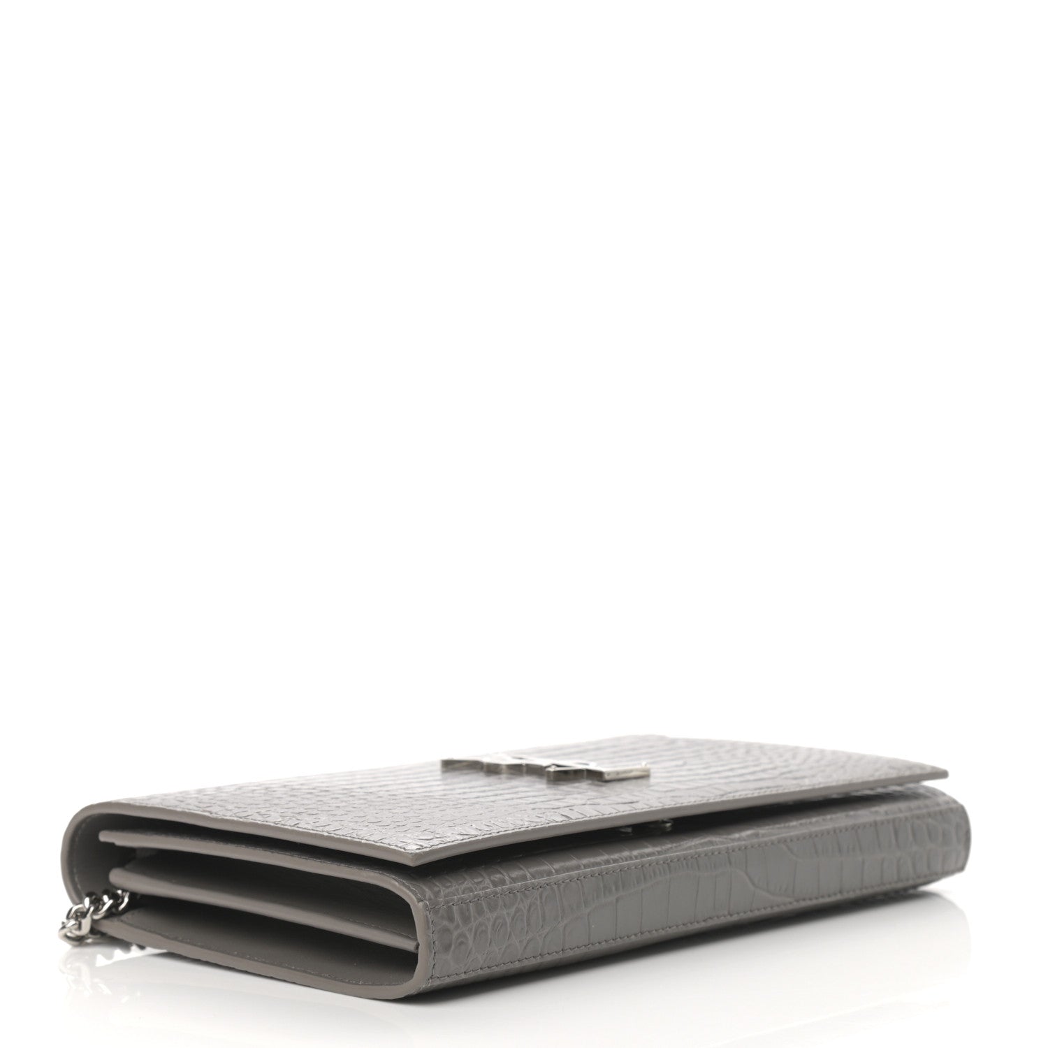 Saint Laurent Calfskin Crocodile Embossed Monogram Chain Wallet Fog 4 of 10