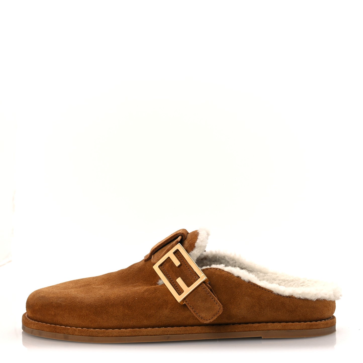 Suede Shearling Fendi Feel Buckled Clogs 37 Caramel Latte