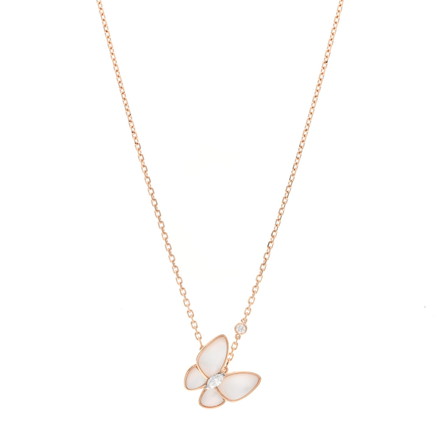18K Rose Gold Diamond Mother of Pearl Two Butterfly Pendant Necklace