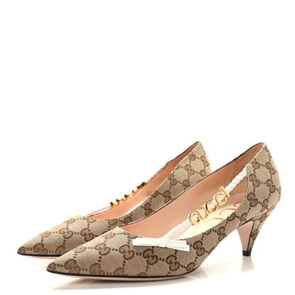 Gucci Monogram Malaga Kid Script Logo Bow 55mm Pumps 39.5 Beige Ebony Great White 3 of 7