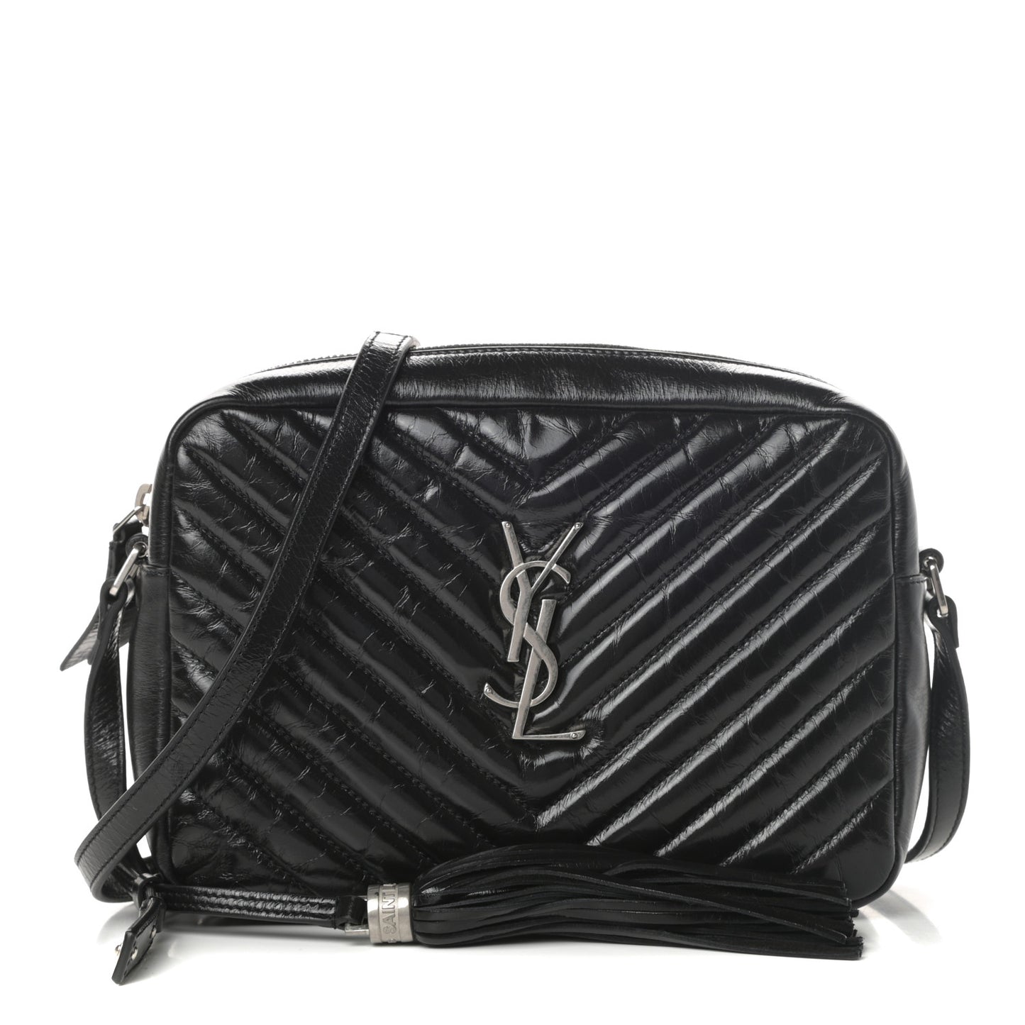 Cracked Shiny Calfskin Matelasse Monogram Lou Camera Bag Black