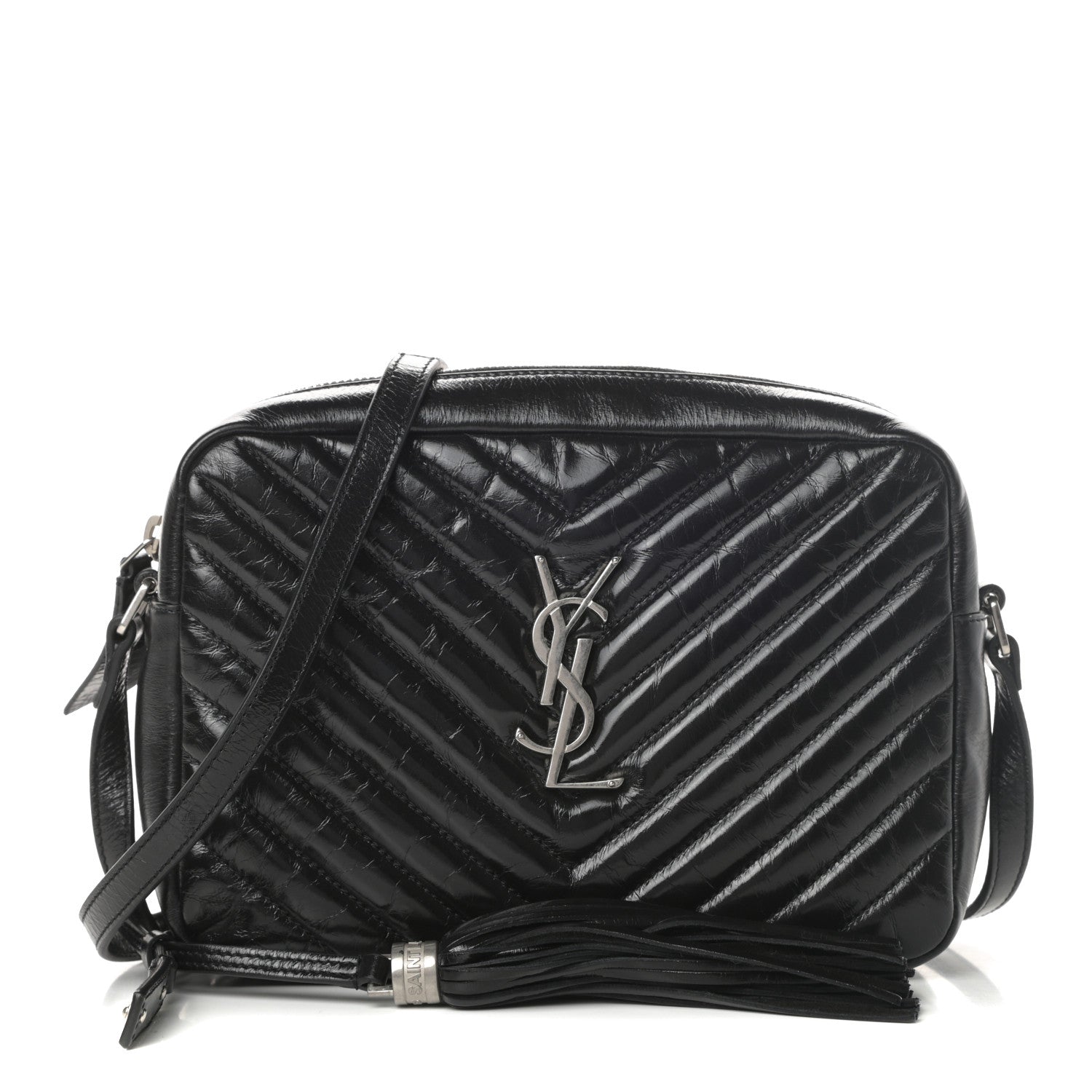 Saint Laurent Cracked Shiny Calfskin Matelasse Monogram Lou Camera Bag Black 1 of 10