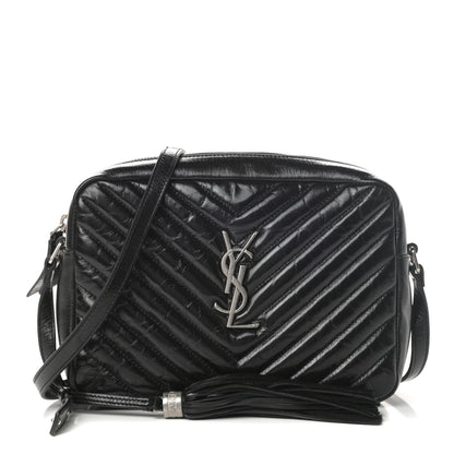 Saint Laurent Cracked Shiny Calfskin Matelasse Monogram Lou Camera Bag Black 1 of 10