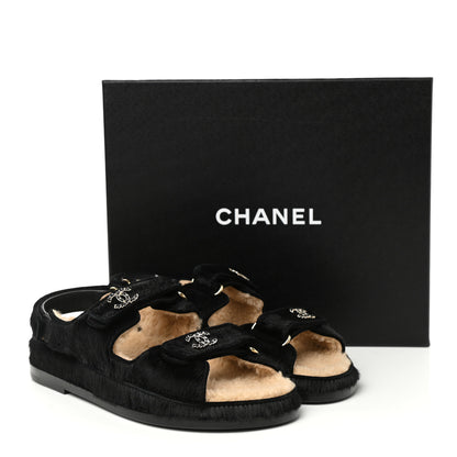 Chanel Calfskin Hair Suede Shearling Dad Sandals 39 Black 8 of 8