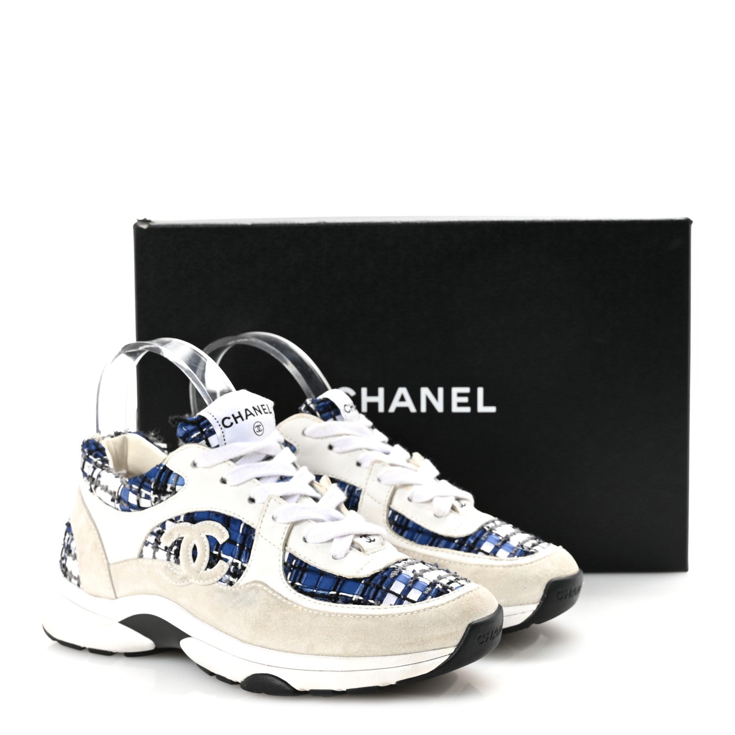 Chanel Tweed Suede Calfskin Womens CC Sneakers 36.5 Dark Blue Black Grey White 10 of 10