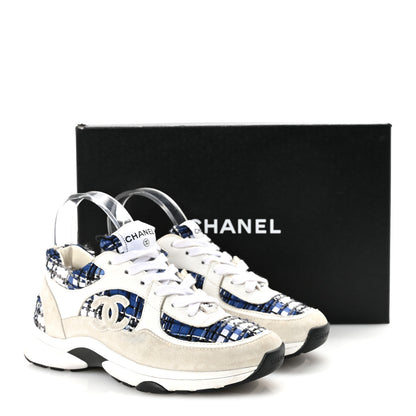 Chanel Tweed Suede Calfskin Womens CC Sneakers 36.5 Dark Blue Black Grey White 10 of 10