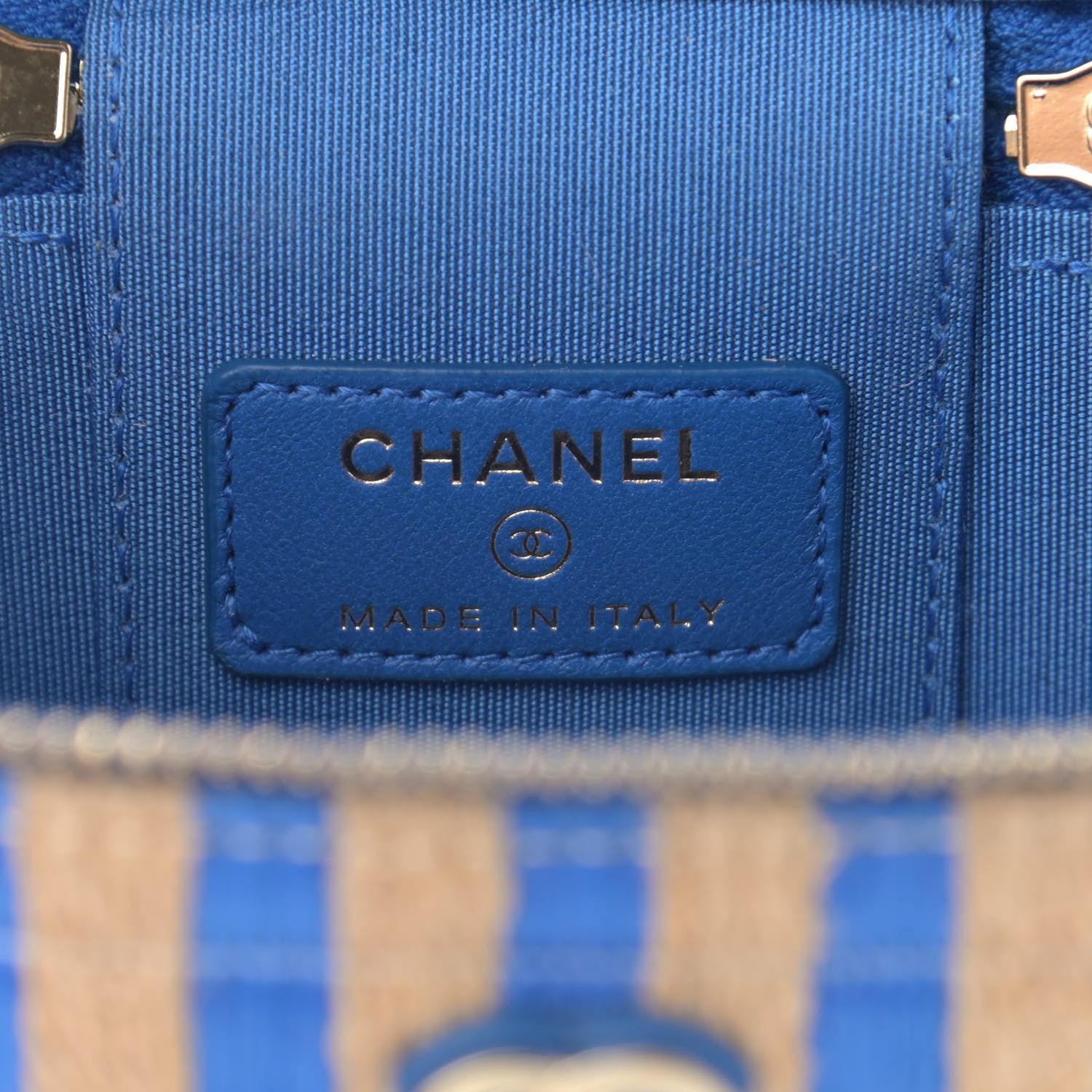 Chanel Raffia Jute Striped Mini Vanity Case With Chain Blue Beige 5 of 11