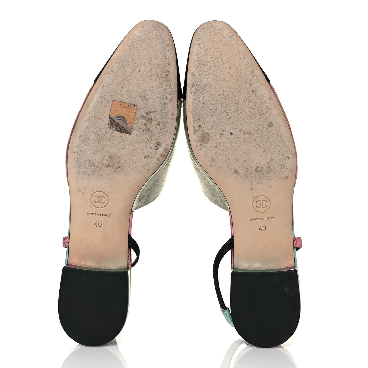 Laminated Calfskin Grosgrain Cap Toe CC Slingback Flats 40 Multicolor Black