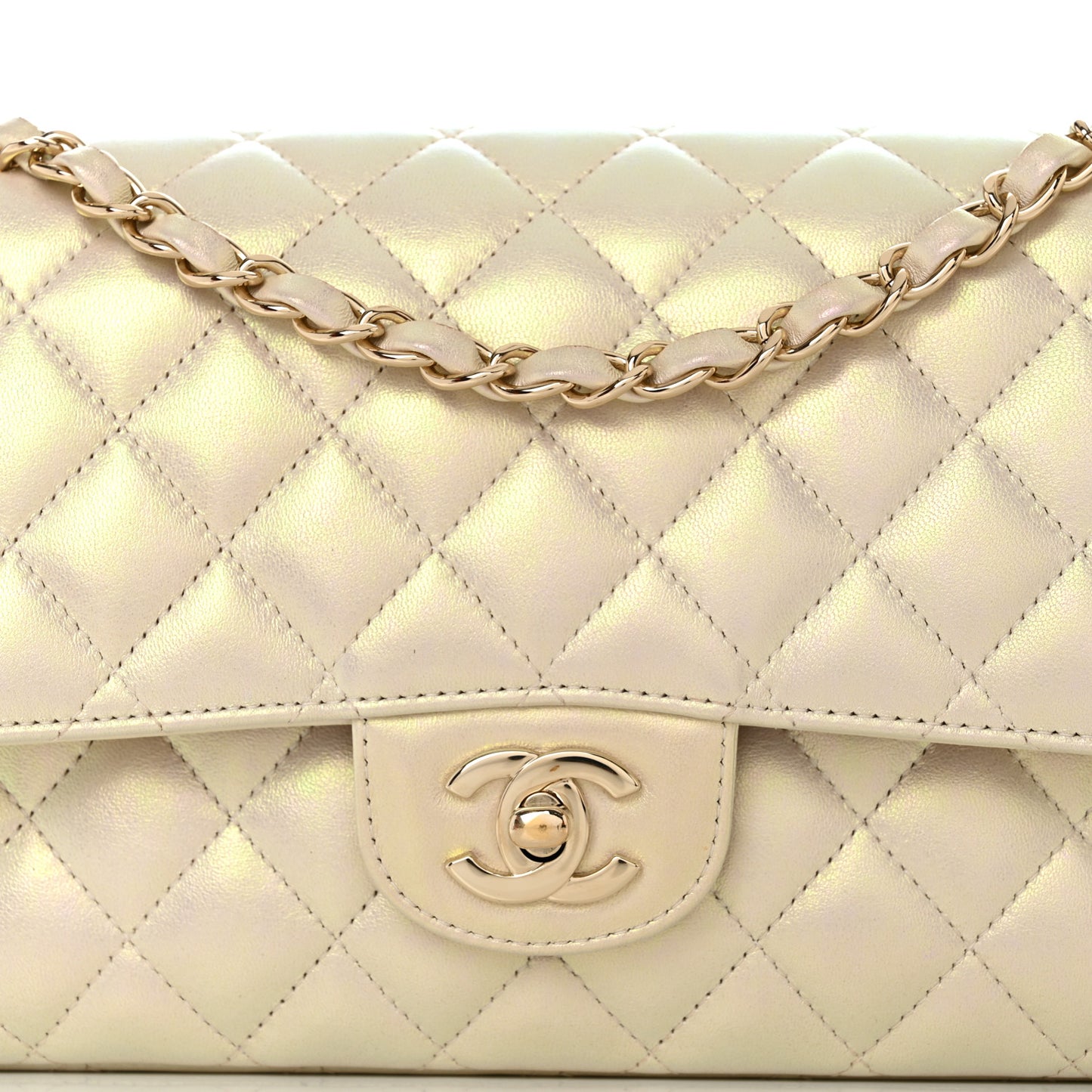 Iridescent Lambskin Quilted Medium Double Flap Ivory