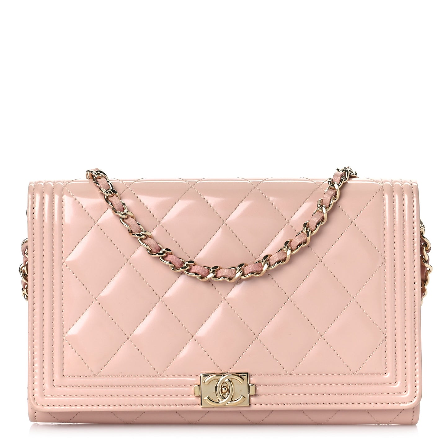 Iridescent Calfskin Quilted Boy Wallet on Removable Chain Light Pink