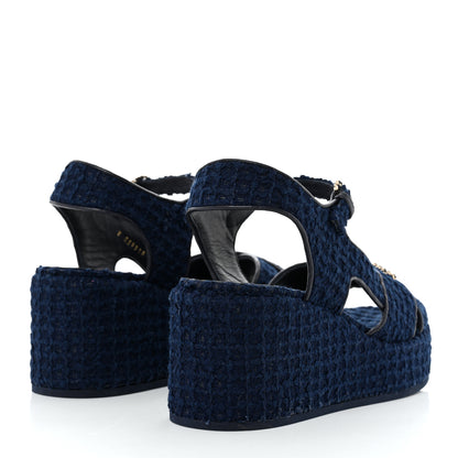 Chanel Cotton Tweed Quilted CC Platform Sandals 40 Blue 4 of 9