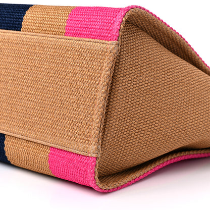 Chanel Straw Raffia Calfskin Striped Medium Deauville Tote Dark Beige Fuchsia Navy Blue 9 of 10