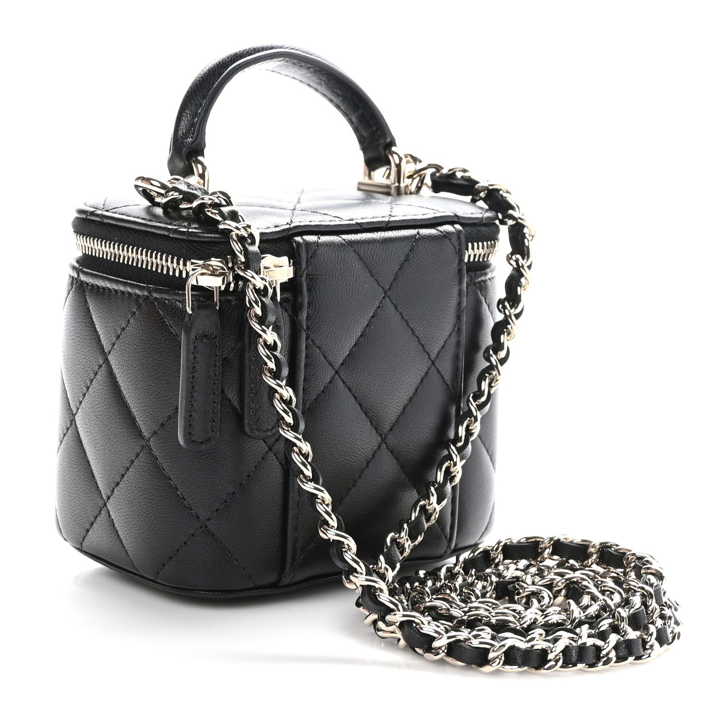Lambskin Quilted Top Handle Mini Vanity Case With Chain Black